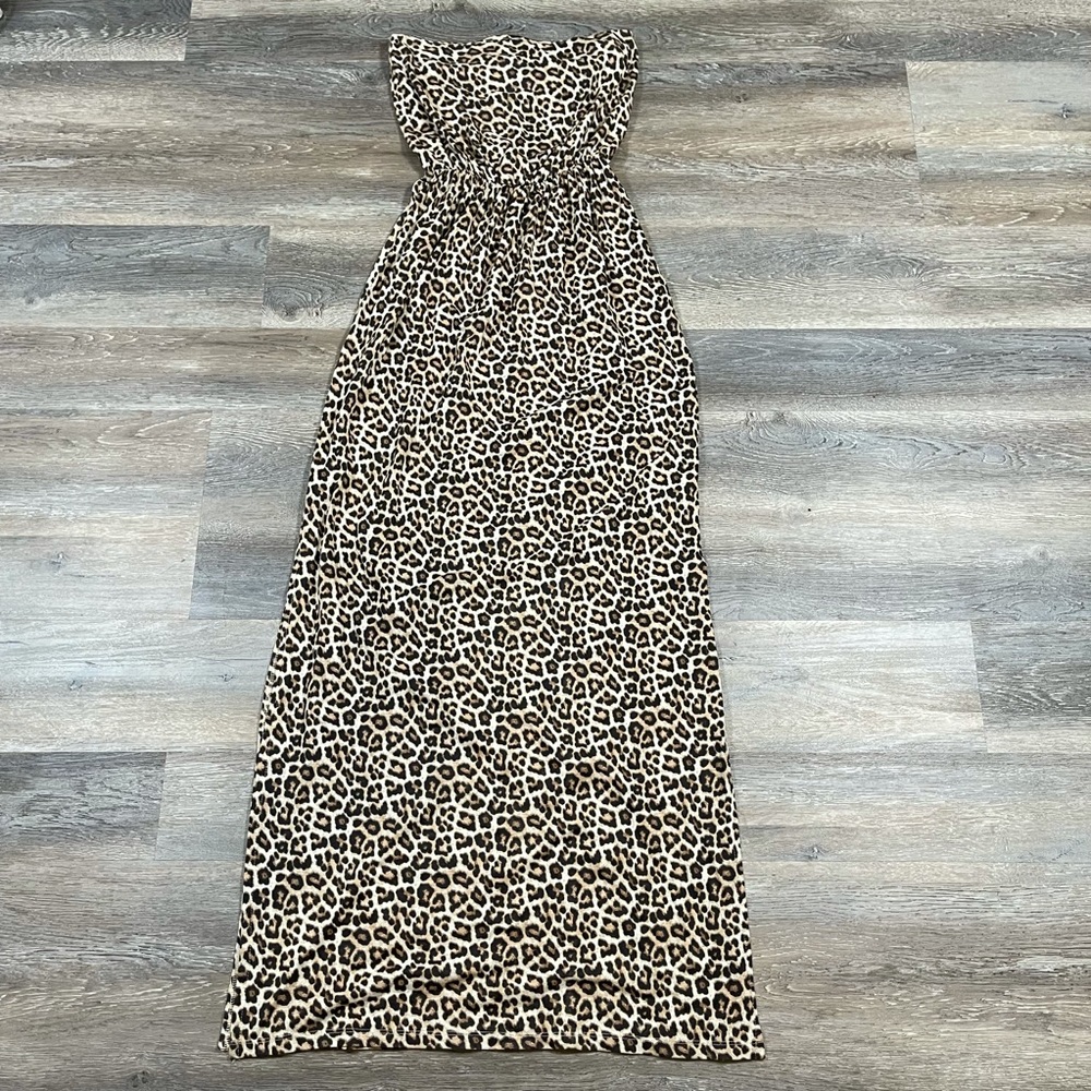 Leopard Print Strapless Maxi w/ Side Slits